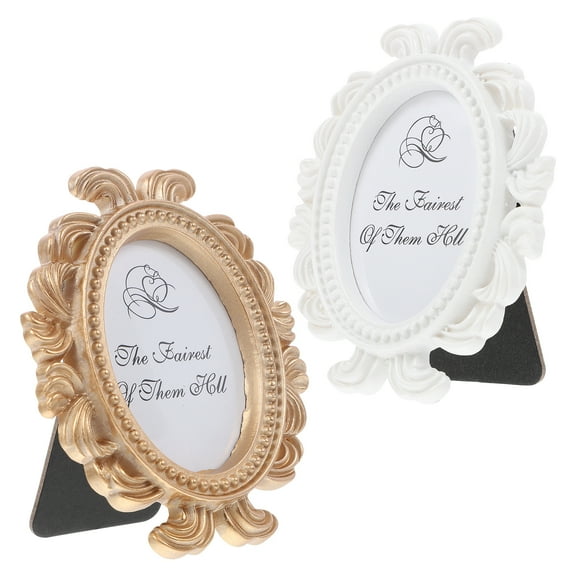 2pcs Oval Shaped Photo Frame Baroque Style Picture Frame Creative Photo Holder Home Desktop Decoration for Bedroom Living Room (White + Golden)