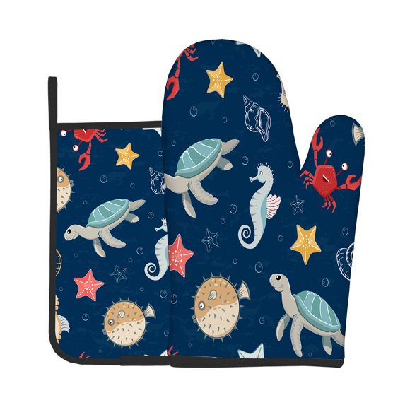 2pcs Oven Mitts Pot Holders Cute Childish Marine With Crab Seahorse Kitchen Heat Resistant Hot Pads for Cooking BBQ Baking