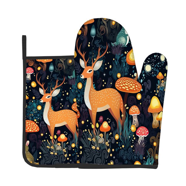 2pcs Oven Mitts Pot Holders Fantasy Forest With Mushrooms Grass Glowing