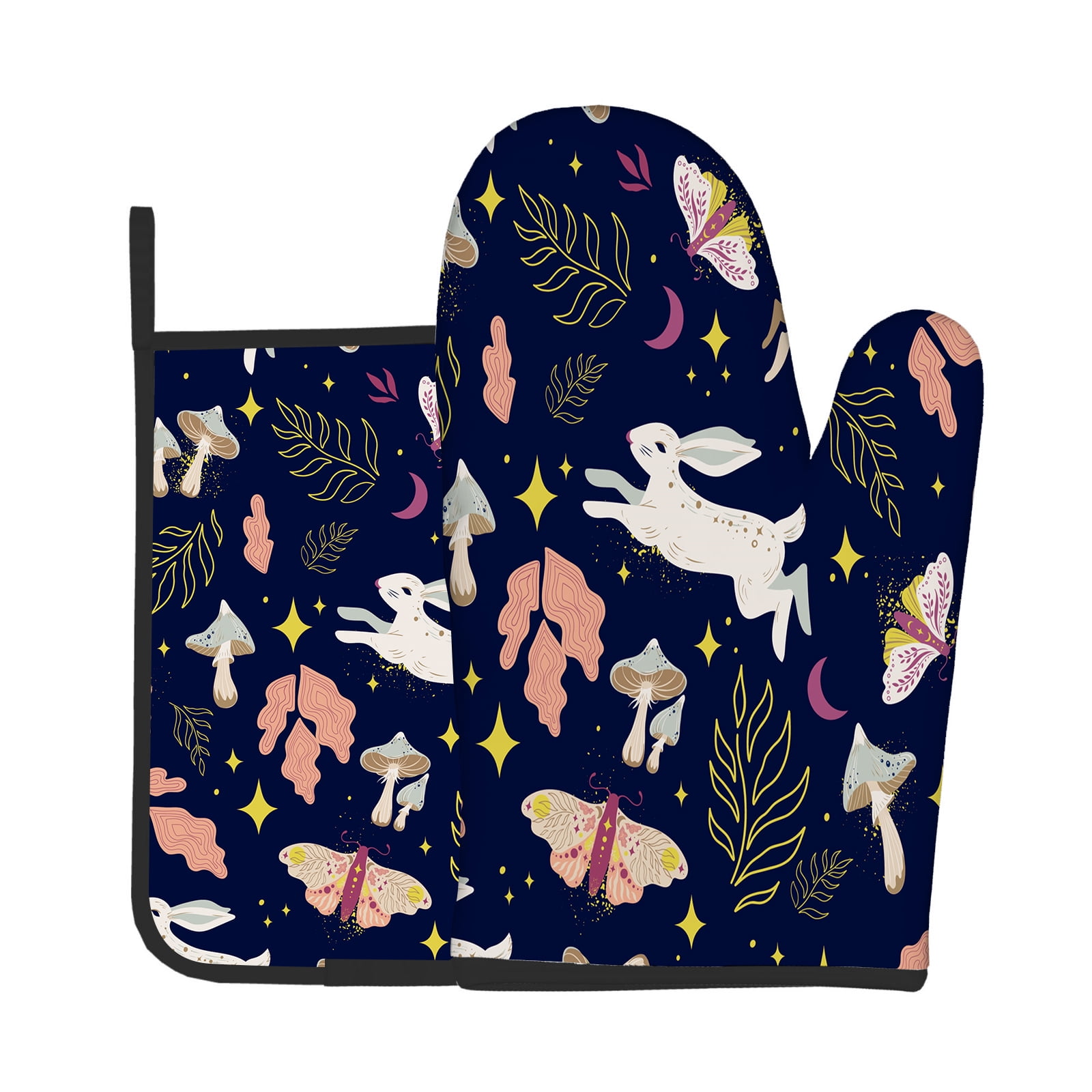 2pcs Oven Mitts Pot Holders Magical Forest Rabbits Kitchen Heat