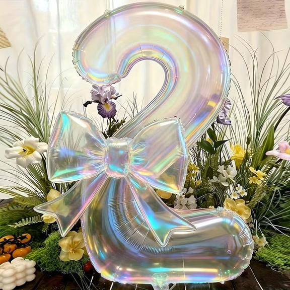 2pcs Oversized Colorful Transparent Numeric Shape Foil Balloons With 24 Inch Colorful Bow Decor Suitable For Birthday Party Outdoor Events Anniversary