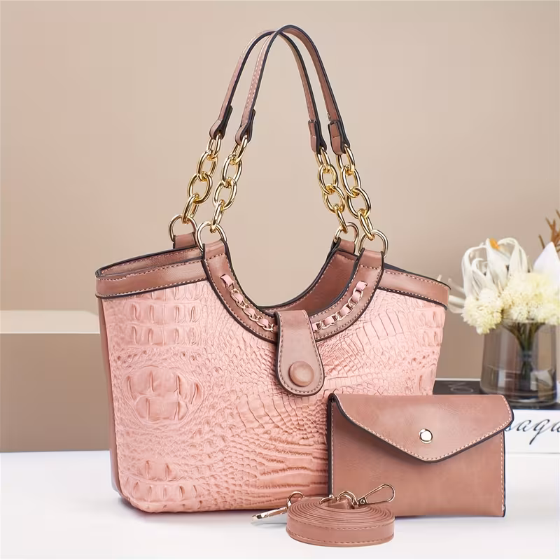 thumbnail image 1 of 2pcs PU Crocodile Embossed Women'S Bag Set, Made of High-quality Hardware and Materials, Suitable As A Shoulder Bag or Crossbody Bag for Gifts, 1 of 8