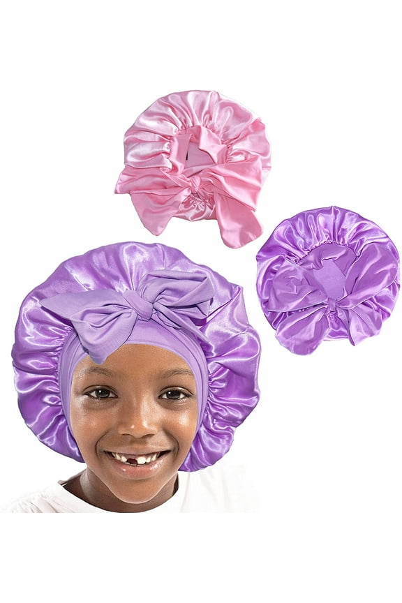 2pcs Pack Pink Small Baby Bonnet Kids Bonnet Infant Satin Silk Hair Bonnets with tie band bow for boys girls 4~12 years