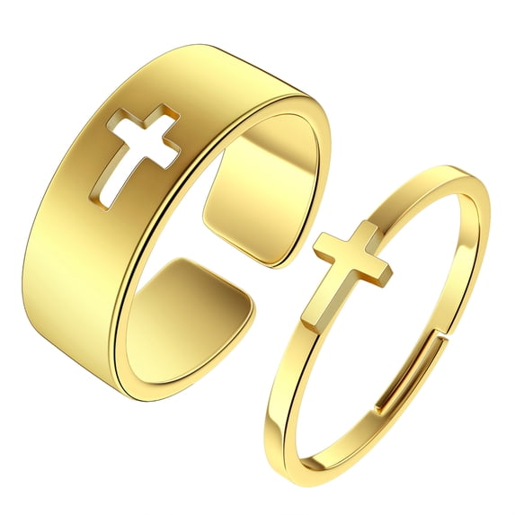 2pcs Pair With Matching Rings Cross Promise Ring for Couples - Cross Jewelry Lovers Gift 316L Stainless Steel 2 colours Adjustable