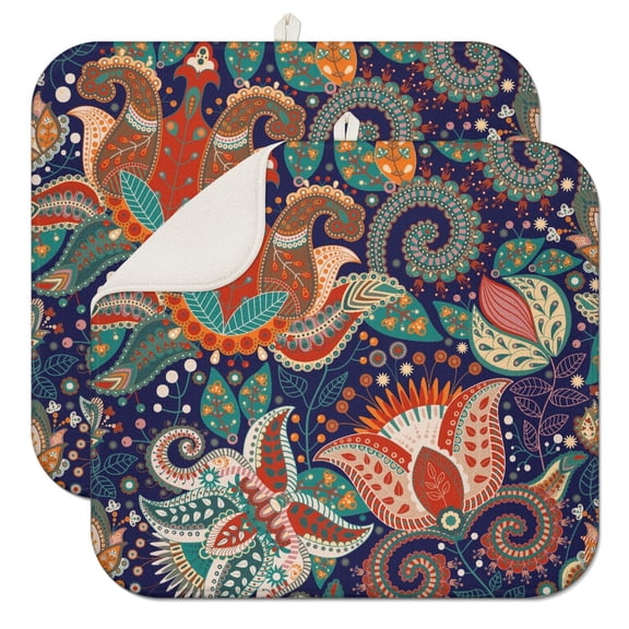 2pcs Paisley Boho Kitchen Drying Mat Super Absorbent Microfiber Dish Drying Pad Vintage Floral Countertop Mat Heat Resistant Foldable