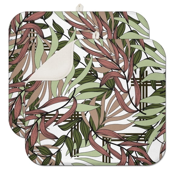 2pcs Palm Inspired Floral Kitchen Mat 3-Layer Thick Absorbent Drying Mat Heat Resistant Compact & Reusable
