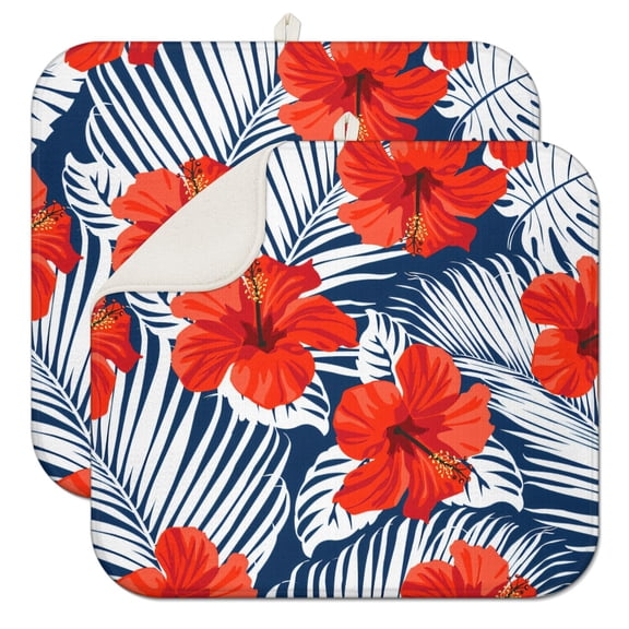 2pcs Palm Leaf and Exotic Dish Drying Mat Heat Resistant Microfiber Countertop Pad Colorful Tropical Print Foldable & Compact