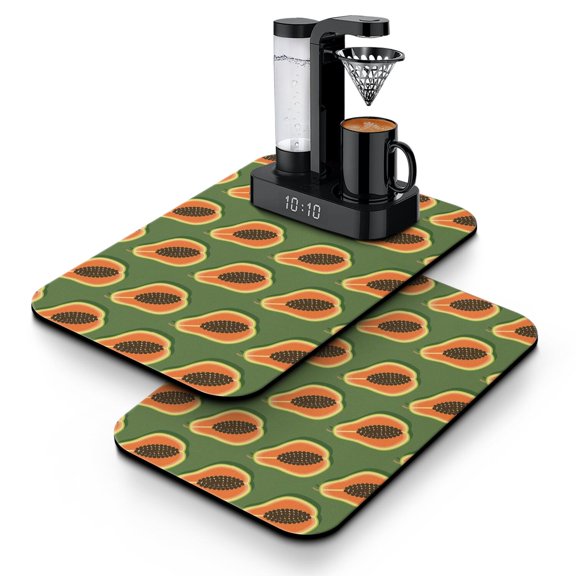 2pcs Papaya Tropical Fruit Print Coffee Maker Mat Set - 4-Layer Absorbent Non-Slip Mat for Coffee Station, Kitchen Counter, Bar Decor (12x19in)