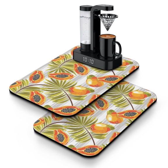 2pcs Papaya Tropical Fruit Print Coffee Maker Mat Set - 4-Layer Absorbent Non-Slip Mat for Coffee Station, Kitchen Counter, Bar Decor (12x19in)
