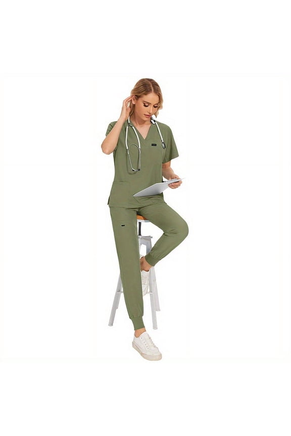 2pcs Paw & People Care: Short Jogging Scrub Suits for Pet & Medical Nurses!