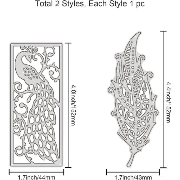 2pcs Peacock and Feathers Metal Cutting Dies Template s for DIY Scrapbooking Christmas Birthday Greeting Cards Making Album Envelope Decoration Matte Platinum