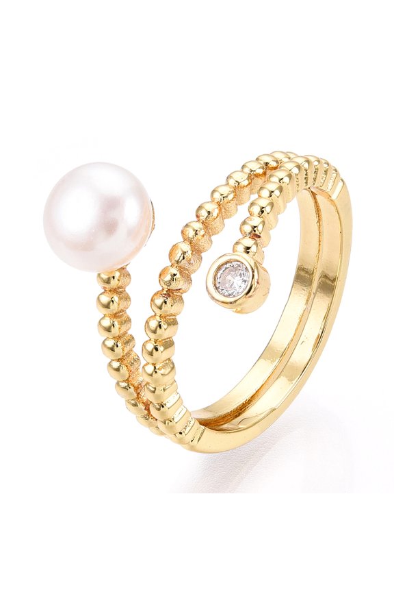 2pcs Pearl Double Lines Finger Ring with Rhinestone Brass Finger Rings for Women golden Size 7(17.3mm)