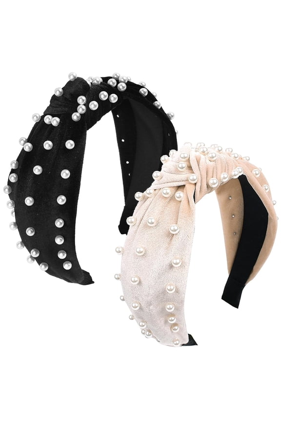 2pcs Pearl Knot Hairbands Vintage Velvet Headbands Black and Ivory for Women Classic Hair Accessories Daily Wear
