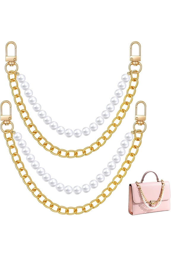 2pcs Pearl Purse Chain Extender Pearl Bag Chains Handbag Straps Purse Charms with Gold Straps Metal Shoulder Crossbody Bags Short Handle Replacement Bag Charm Chain Gold Handbag Strap Bags Chains