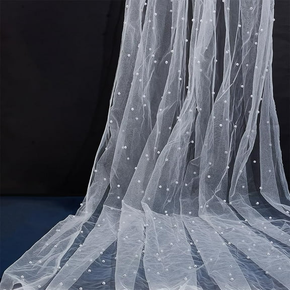 2pcs Pearl Tulle Fabric 6378.7 inches Pearl Table Runner Wedding Veil Tulle Table Cloth Cornsilk Sheer Mesh Fabric Tulle with Pearls for Crafts Wedding Gown Table Decoration