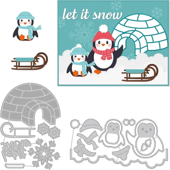 2pcs Penguin Igloo Cutting Dies Let it Snow Words Craft Carbon Steel Dies Stencils for DIY Paper Craft Card Making Scrapbooking Decor Gray