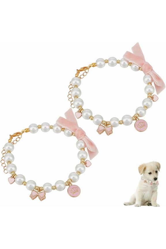 2pcs Pet Necklace Cat Pearl Collar Pet Teddy Pearl Heart Jewelry Adjustable Cat Necklace Collar with Ribbon Tie Accessories Ornaments for Small Dogs Cats for DIY