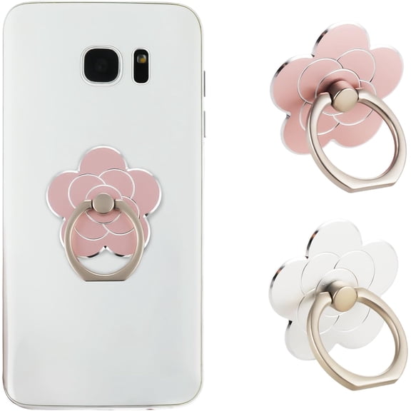 2pcs Phone Ring Holder Kickstand Cellphone Flower Finger Ring Grips Stand Metal Universal Accessories Compatible with Smartphone, Mobile Phones, Phone case (Silver, Rose Gold)