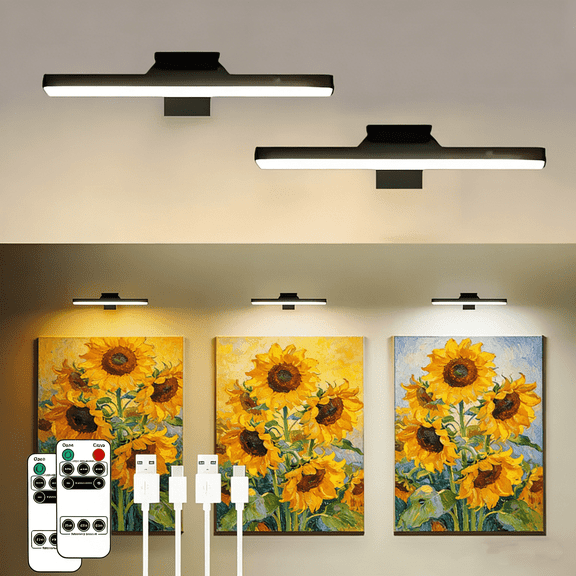 2pcs Picture Lights for Wall, Rechargeable Battery Operated LED Picture Light with Remote, Dimmable Poster Light for Paintings, Portraits, Art Frames, 3 Color Temperatures, Black