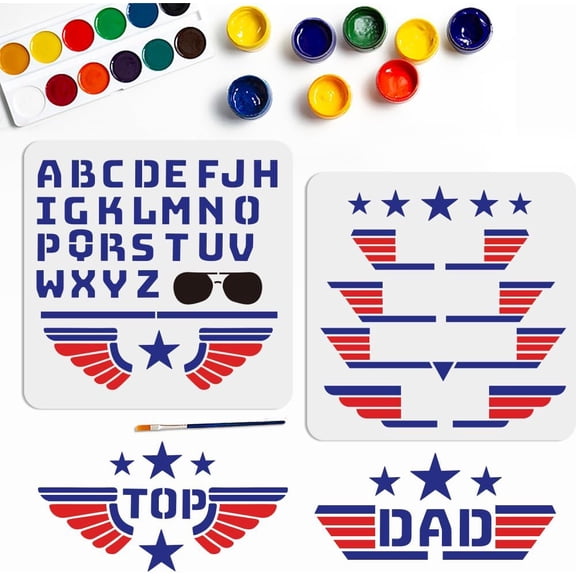 2pcs Pilot Badge Stencil 11.811.8inch Pilot Theme Dad Airplane Painting Stencil with Paint Brush Father's Day Alphabet Sunglasses Drawing Template for Wood Wall Canvas Furniture