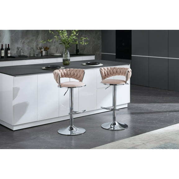 2pcs Pink Bar Chairs, Height Adjustable, Base & Footrest, Velvet Seat, Comfort Foam Padding, 300 Lbs Load Bearing, Easy Assembly Procedure Adjustable Mechanism, Footrest Base, Seat Cover, Foam,