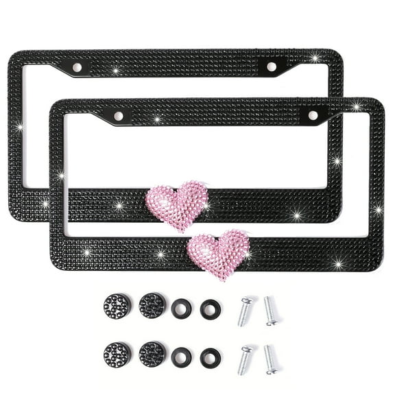 2pcs Pink Heart Design Crystal License Plate Frames,Bling License Plate Covers,Rhinestone License Plate Holder For Women