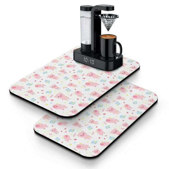 2pcs Pink Pig Watercolor Coffee Station Mat - Ultra Absorbent, Non-Slip Kitchen Mat Set, Vintage Pig Cartoon Design