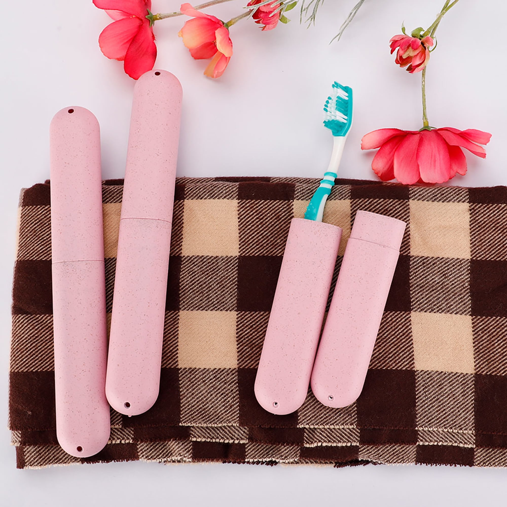 2pcs Pink Plastic Toothbrush Case Portable Traveling Camping Toothbrush