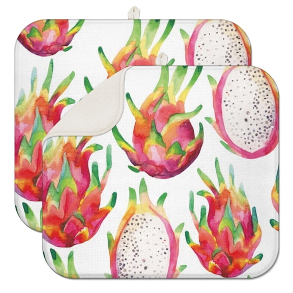 2pcs Pitaya Dragon Fruit Print Kitchen Drying Mat, Super Absorbent Microfiber Dish Drying Pad with Tropical Exotic Pink White Red Pattern, Heat Resistant Foldable Sink Mat for Countertop