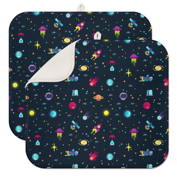 2pcs Planet Themed Kitchen Drying Mat Extra Thick 3-Layer Absorbent Pad Foldable for Sci-Fi Geeks