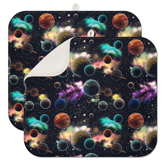 2pcs Planet Themed Kitchen Drying Mat Extra Thick 3-Layer Absorbent Pad Foldable for Sci-Fi Geeks