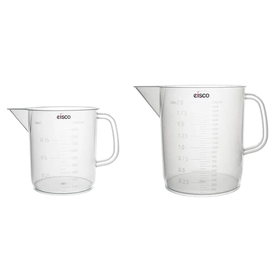 2pcs Plastic Pitcher Set, 1000mL & 2000mL (1L & 2L) - Short Form, Euro Design - Molded Graduations - Chemical Resistant & Autoclavable Polypropylene - Measuring Jug