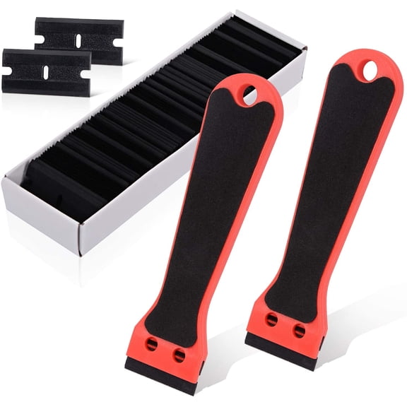 2pcs Plastic Razor Scraper 6-inch Long Handle Adhesive Remover Tool with 100 Double-Edge Blades for Window Tint Vinyl Scraper Decal Sticker Glue Remover (Red)