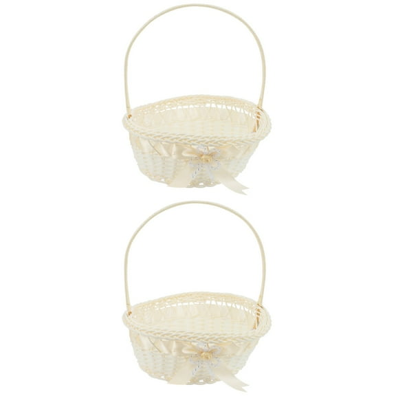 2pcs Plastic Wicker Flower Basket Handle Picnic Basket Fruit Basket Woven Hand Basket