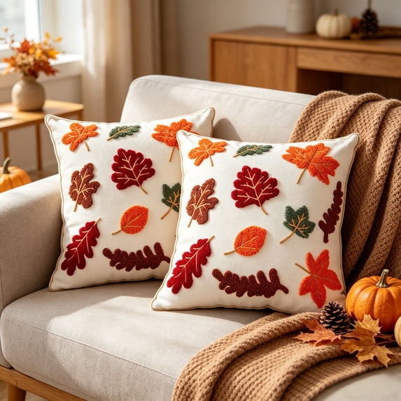 2pcs Plush 3D Fall Pumpkin Maple leaf Throw Pillows Covers,Thanksgiving Halloween Fall Decor,Fall Pillow Covers for Home Sofa Couch Bed