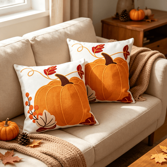 2pcs Plush 3D Fall Pumpkin Maple leaf Throw Pillows Covers,Thanksgiving Halloween Fall Decor,Fall Pillow Covers for Home Sofa Couch Bed