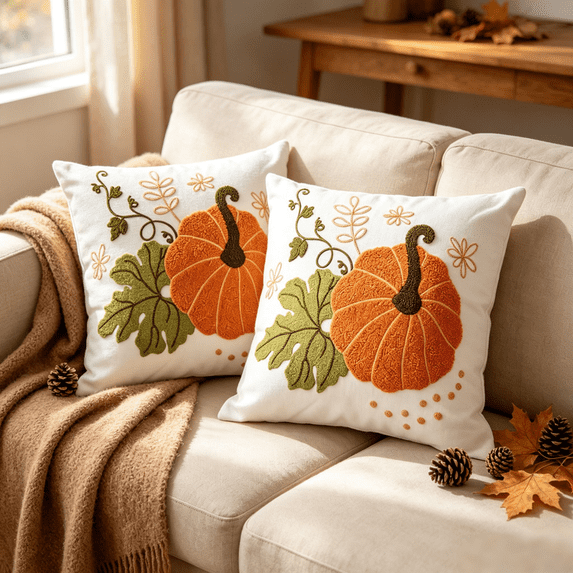 2pcs Plush 3D Fall Pumpkin Maple leaf Throw Pillows Covers,Thanksgiving Halloween Fall Decor,Fall Pillow Covers for Home Sofa Couch Bed
