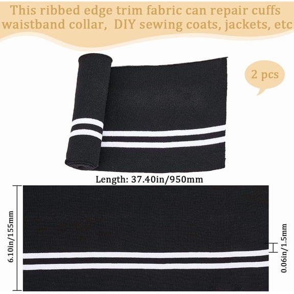 2pcs Polyester Elastic Ribbing Fabric for Cuffs Waistbands Neckline Collar Trim Black 950x140x1.5mm