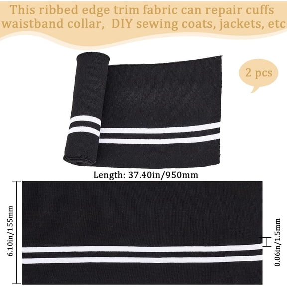 2pcs Polyester Elastic Ribbing Fabric for Cuffs Waistbands Neckline Collar Trim Black 950x140x1.5mm
