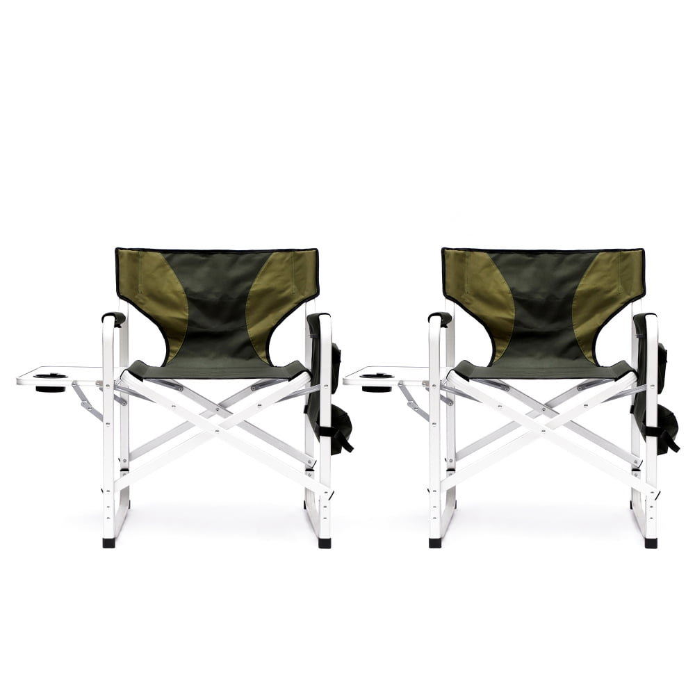 2-Piece Green Aluminum Folding Camping Chairs with Side Table and Storage