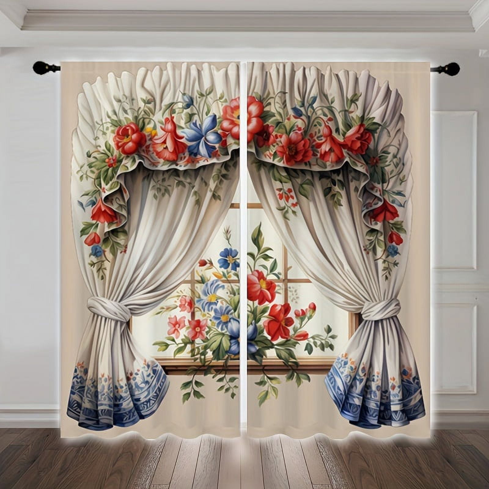 2pcs Potted Flowers Ancient Door Retro Curtain Printed Modern Style Rod