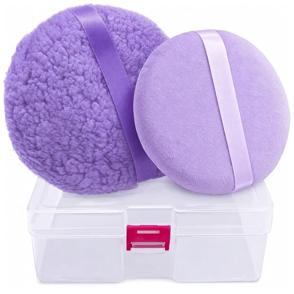 2pcs Powder Puffs, 6'' Body Powder Puff and 5'' Dusting Powder Puff and Container, Extra Large, Fluffy Soft, Washable, Reusable, Purple