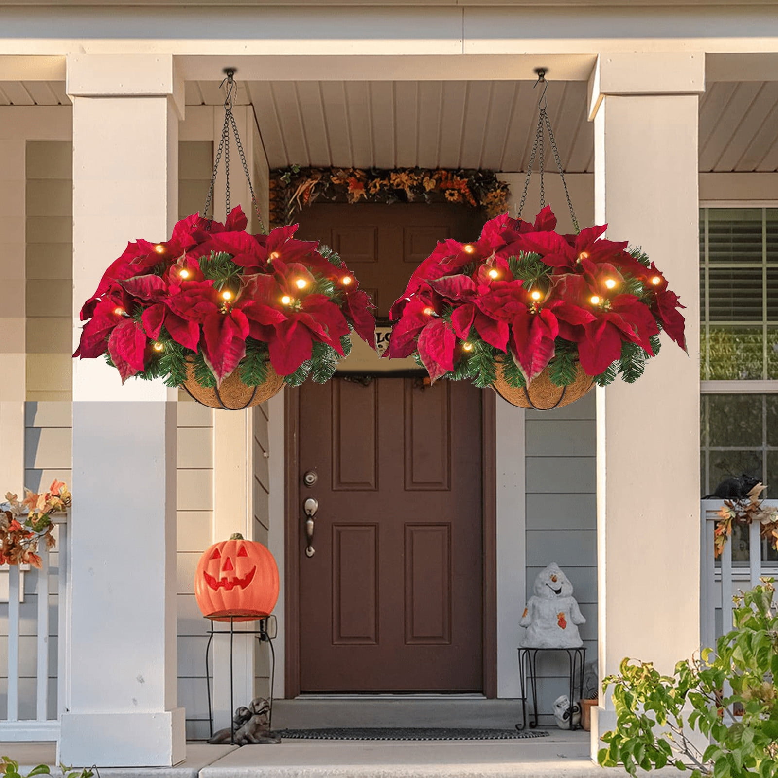 2pcs Prelit Artificial Christmas Hanging Basket, Artificial Poinsettia