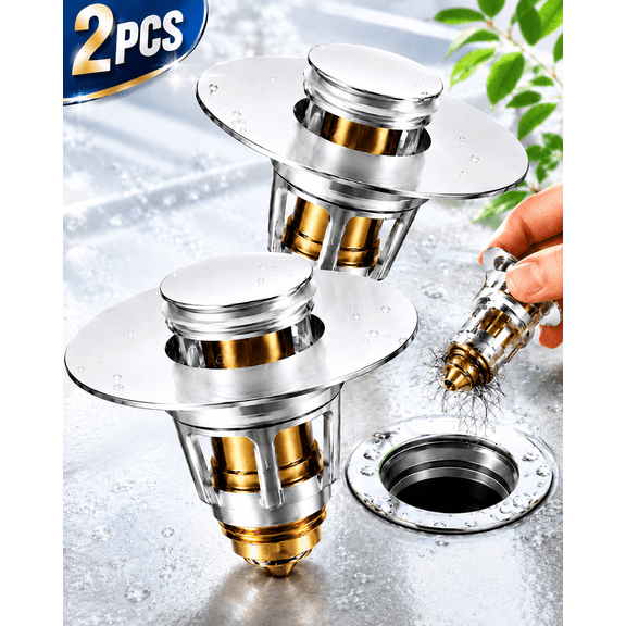 2pcs Premium Basin Pop Up Sink Drain Strainer,Universal Bathroom Sink Stopper,Anti-Leakage and Clogging, with Hair Catcher, Made Brass, Chrome Plated