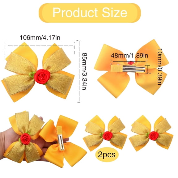 2pcs Princess Bows Hair Clips Yellow Rose for Halloween Birthday Party Costume Dress Up Accessories