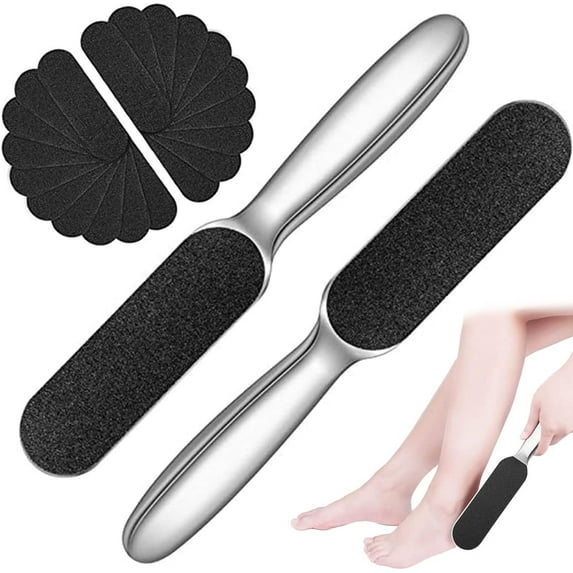 2pcs Professional Pedicure Foot File, Reusable Stainless Steel Feet Rasp with 20 Replaceable Coarse-Fine Double Side Reusable Pads Cracked Skin Corns Callus Remover