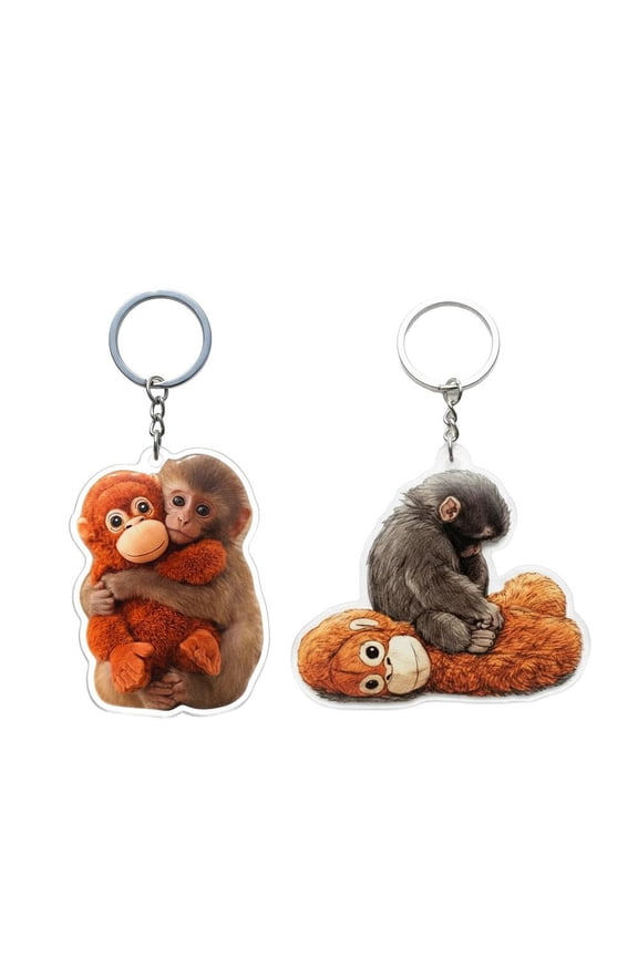 2pcs Protect Punch The Monkey Keychain, 2d Acrylic Cute Monkey Holding Plush Toy Hanging Keyring Keychain for Backpack Purse Car Keys Gift