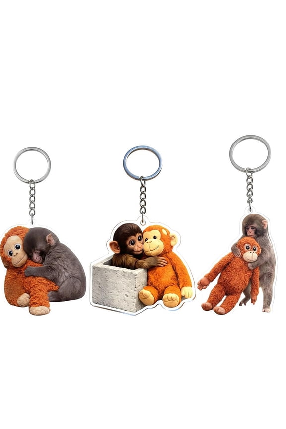 2pcs Protect Punch The Monkey Keychain, 2d Acrylic Cute Monkey Holding Plush Toy Hanging Keyring Keychain for Backpack Purse Car Keys Gift