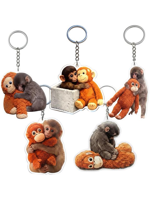 2pcs Protect Punch The Monkey Keychain, 2d Acrylic Cute Monkey Holding Plush Toy Hanging Keyring Keychain for Backpack Purse Car Keys Gift