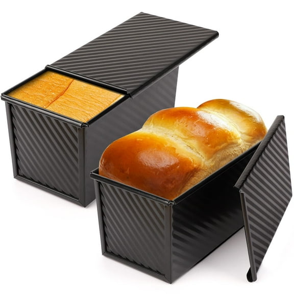 2pcs Pullman Loaf Pan with Lid, 1 lb Dough Capacity Non-Stick Bakeware for Baking Bread, Carbon Steel Corrugated Bread Toast Box Mold with Cover for Baking Bread, Black